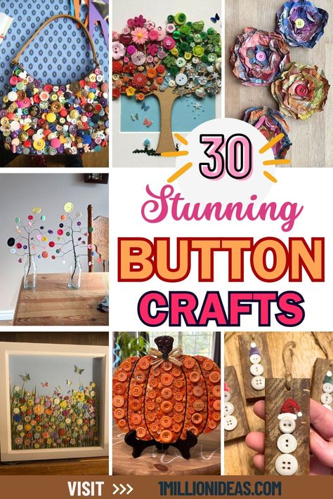 30 Fun And Creative Button Craft Ideas to Inspire Your Next Project Repurposed Buttons Craft Ideas, Things To Make With Old Buttons, Fabric Covered Buttons Crafts, What To Do With Buttons Ideas, Button Butterfly Art, Pictures Made With Buttons, Pictures With Buttons, Shank Button Crafts, Crafts Using Buttons Ideas