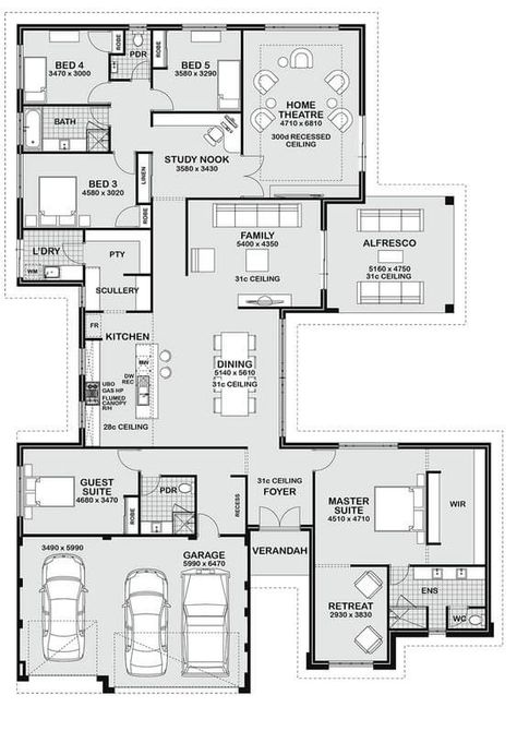 Single Storey House Plans, Open Floor House Plans, 5 Bedroom House Plans, Bedroom Ensuite, Three Bedroom House, House Plan Gallery, Sims House Plans, Home Design Floor Plans, House Construction Plan