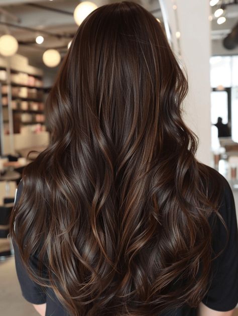 37 Chocolate Brown Hair Color Ideas Darker Brown Hair Color Ideas, Dark Chocolate Brown Balayage, Neutral Hair Color Ideas, Neutral Brown Balayage, Global Hair Color, Rich Chocolate Brown Hair, Chocolate Brown Hair Color Ideas, Coffee Brown Hair, Dark Chocolate Brown Hair