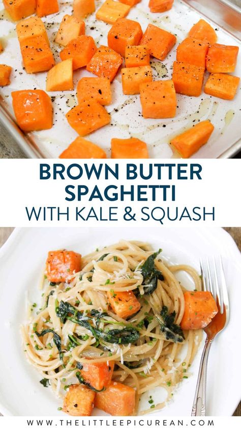 roasted squash above a plate of spaghetti with kale and squash Brown Butter Spaghetti, Butter Spaghetti, Baby Kale, Winter Comfort Food, Easy Pasta Dishes, Winter Dinner Recipes, Winter Dinner, Winter Comfort, Roasted Butternut