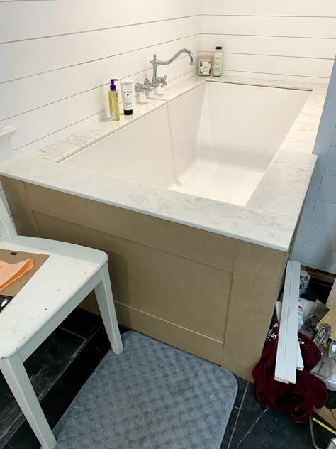 DIY Beautiful Deep Kohler Underscore Bathtub (& 1 Thing that surprised us) - Lehman Lane Undermount Bathtub Ideas, Under Mount Bathtub, Drop In Soaker Tub Master Bath, Kohler Underscore Tub, Drop In Bathtub Ideas, Built In Soaker Tub, Tub Next To Vanity, Build In Bathtub, Under Mount Tub