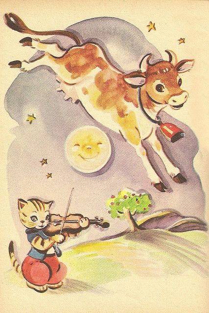 Cow Jumping, Cow Jumped Over The Moon, Cow Illustration, Hey Diddle Diddle, Story Books Illustrations, Fairytale Nursery, Moon Nursery, Retro Kids, Vintage Nursery