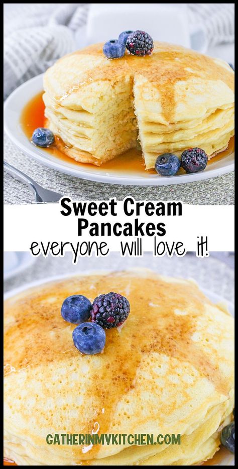 Elevate your breakfast with homemade Sweet Cream Pancakes. This easy recipe combines the richness of heavy cream with the lightness of fresh batter, creating pancakes that are both fluffy and flavorful. Top with butter and maple syrup for the perfect finish. Sweet Cream Pancakes, Pancake Mix Muffins, Brunch Sandwich, Cream Pancakes, Lemon Pancakes, Pancake Calories, Best Pancake Recipe, Cinnamon Roll Pancakes, Sweet Potato Pancakes