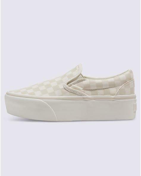 Classic Slip-On Checkerboard Stackform Shoe Cute Slip On Shoes Women, Womens Slip On Shoes, Platform Checkered Vans, Cute Slip On Shoes, Cute Walking Shoes, Women's Sneakers, Platform Vans Outfit, Platforms Aesthetic, Checkerboard Vans