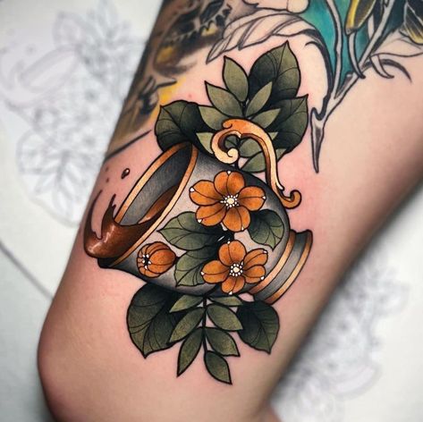 Neo Traditional Teacup Tattoo, Neotraditional Fall Tattoo, American Traditional Fall Tattoos, New School Neo Traditional Tattoo, Shoulder Tattoo Neo Traditional, Neotraditional Coffee Tattoo, Neo Tradional Tattoo Ideas, Book Tattoo Color, Neo Traditional Book Tattoo