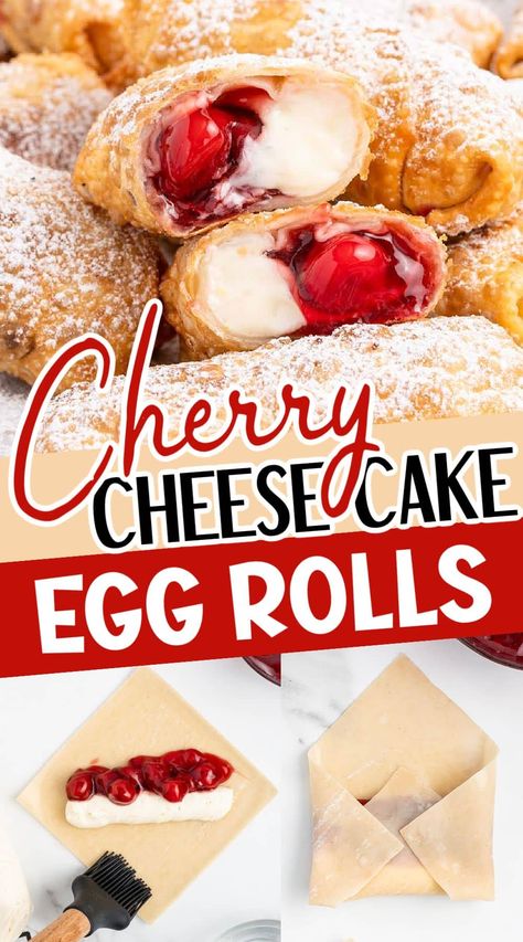 Cherry Cheesecake Egg Rolls are a delightful dessert spin on the classic Asian appetizer! With tart cherry filling and creamy cheese, these crispy handheld treats are a breeze to make and can be pan-fried, air-fried, or baked. Apple Cheesecake Egg Rolls, Egg Roll Wrapper Desserts, Favorite Party Foods, Cherry Cheesecake Rolls, Cherry Egg Rolls, Cherry Cheesecake Egg Roll Recipe, Cherry Cream Cheese Egg Rolls, Sweet Egg Rolls Desserts, Desert Egg Roll Recipes