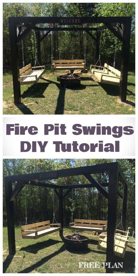 DIY Fire Pit Swing Set Free Plan and Tutorials Build A Fire Pit, Tre Kunst, How To Build A Fire Pit, Fire Pit Swings, To Build A Fire, Pergola Diy, Pergola Swing, Fire Pit Furniture, Outdoor Screens