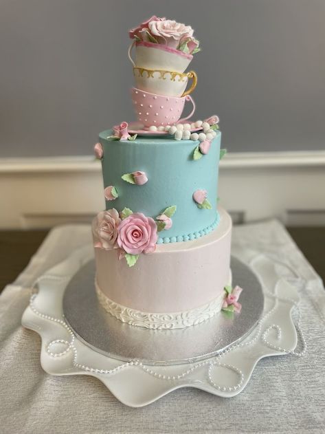 High Tea Cake Ideas, Tea Time Birthday Cake, Tea Party Themed Birthday Cake, High Tea Birthday Cake, Tea Party Cakes Birthday, Garden Tea Party Cake, Tea For Two Birthday Party Cake, Yea Party Cake, Tea For Two Birthday Cake