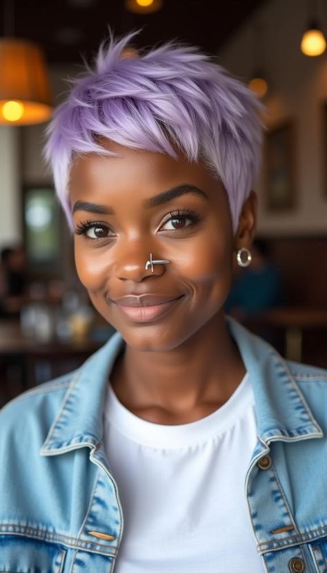 23 Vivid Hair Color Ideas for Short, Long, and Pixie Cuts: Bold Hues and Placement Inspiration Pastel Purple Hair Short, Hair Color Pastel Purple, Light Purple Short Hair, Rainbow Pixie Hair, Short Lavender Hair, Pastel Pixie Hair, Vivid Hair Color Ideas, Dyed Pixie Cut, Purple Pixie Cut