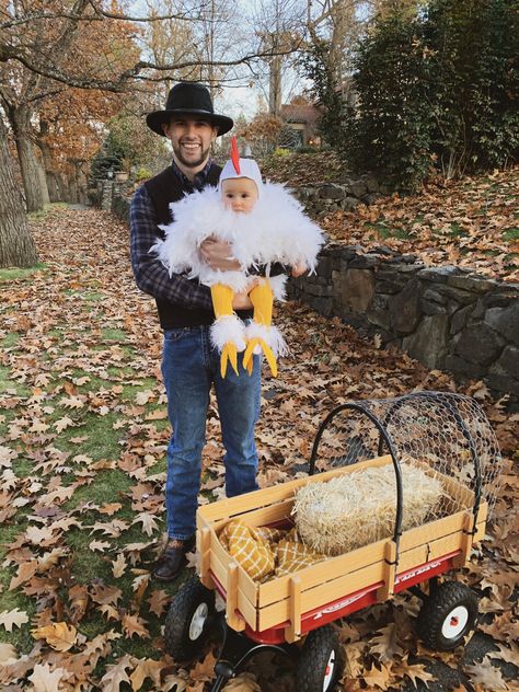 Womens Farmer Costume, Chicken Coop Costume, Old Mcdonald Had A Farm Family Halloween Costume, Farm Animal Halloween Costumes, Family Farm Halloween Costumes, Family Farm Animals Costumes, Chicken Coop Stroller Halloween, Chicken Coop Wagon Halloween, Baby Chicken Halloween Costume