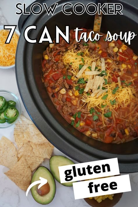 This crockpot 7 can taco soup is a hearty meal perfect for fall and cool weather days. With its simple preparation in a slow cooker, this comforting Mexican-inspired dish is an easy way to enjoy a flavorful lunch or dinner. Savor the rich, comforting flavors of this soup that combines seven simple canned ingredients for a satisfying homemade meal. Make it now! Seven Can Taco Soup Chicken, 6 Can Taco Soup Crock Pot, Gluten Free Taco Soup Crock Pot, 7 Can Soup Slow Cooker, Easy Taco Soup With Ranch Packet, Seven Can Taco Soup, 6 Can Taco Soup, Taco Soup With Ranch, 7 Can Taco Soup