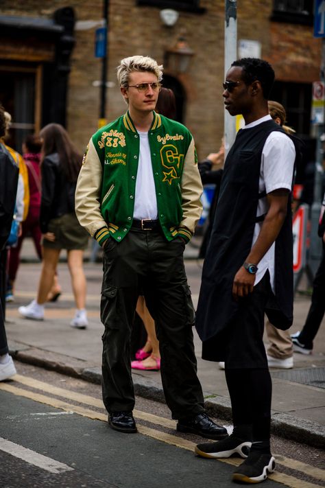 Best street style from London Fashion Week Men's SS20 | British GQ Varsity Jacket Outfit Mens, Stackable Wedding Rings, Varsity Jacket Outfit, Spring Wedding Ideas, Crafts Spring, Revival Clothing, Home Decor Spring, London Fashion Week Mens, St Patricks Day Food