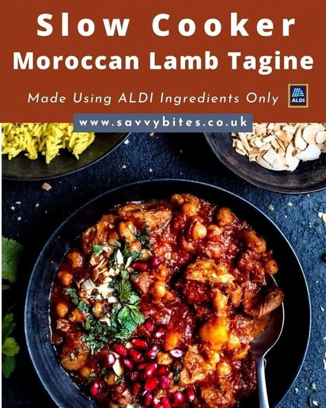 This Moroccan lamb tagine is the perfect weeknight dinner. It is filled with tender slow-cooked lamb, nutty buttery chickpeas and lots of Moroccan spices in a rich tomato sauce, using only simple ingredients from ALDI. Lamb Tagine Recipe Slow Cooker, Moroccan Lamb Recipes, Slow Cooked Moroccan Lamb, Lamb Tagine Recipe, Moroccan Lamb Tagine, Camp Meals, Lamb Tagine, Moroccan Tagine, Instant Pot Slow Cooker