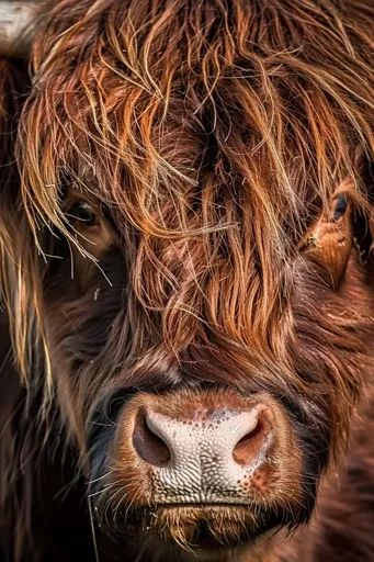 ↑↑↑ Larger size on website 🔸 A close-up shot of a Highland cow, with long, reddish-brown fur covering its face. Only the nose and 🔸 From Midjourney AI Image Face Highlighting, Face Only, Cow Face, Brown Fur, The Nose, Reddish Brown, Highland Cow, Close Up, Cow