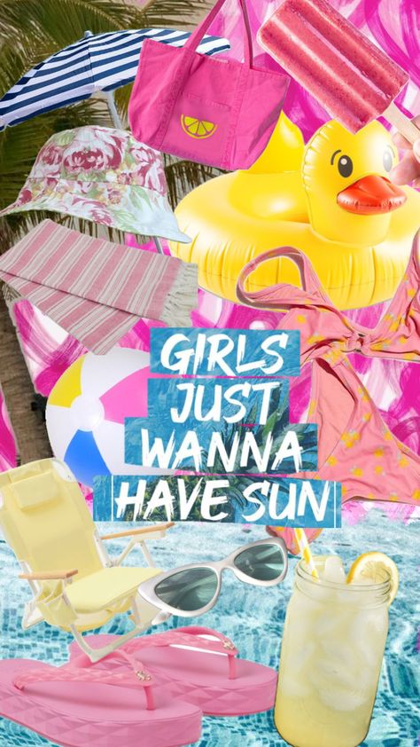 Just wanna have sun ☀️ #quotes #wallpaper #vibes #outfitinspo #summer #ss23 #sun #summeraesthetic #pool #poolday #pink #yellow #lemon #fun #f4f #happy #girls #inspo Girls Just Wanna Have Sun, Wallpaper Vibes, Pool Days, Create Collage, Summer Aesthetic, Creative Play, Pink Yellow, Bachelorette Party, Lemon