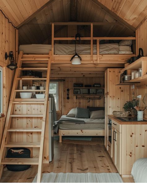 Tiny Cabins Interiors Loft, Shed Cabin Interior Ideas, Scandi Cabin Interior, Dry Cabin Ideas, Cabin Loft Ideas, Cabin Loft Bedroom, Creek Life, Tiny Cabins Interiors, Dry Cabin