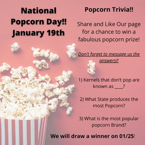 National Popcorn Day!! National Popcorn Day Ideas, National Popcorn Day, Popcorn Day, Client Appreciation Events, Popcorn Party, Appreciation Ideas, Popcorn Bar, Senior Activities, Client Appreciation