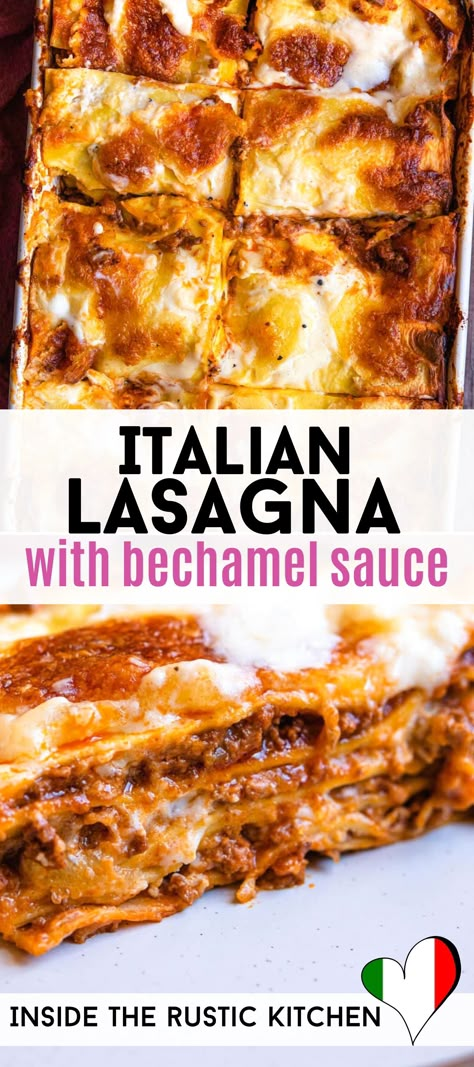 A classic recipe for homemade Italian Lasagna made entirely from scratch. There’s truly nothing more comforting than a hot bubbling baked lasagna made with homemade beef ragu, bechamel sauce, silky pasta and topped with melted mozzarella cheese! This traditional Italian recipe will be a comfort food favourite. #lasagna #beef #bechamel #pasta #Italianrecipes #comfort food Vegetarian Lasagna Bechamel, Lasagna Recipe With Bashamel, Best Authentic Lasagna Recipe, Lasagna With Bachemelle Sauce, Lasagna Recipe Traditional, Homemade Lasagna Sauce Italian, Beschemell Sauce For Lasagna, Lasagna Bolognese Recipe Bechamel Sauce, Classic Lasagna With Bechamel