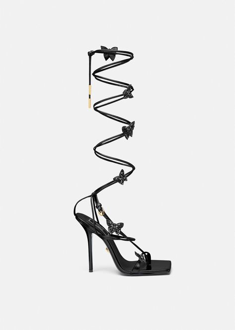 Versace Women's Crystal Butterflies Sandals in Black | Versace US Dua Lipa X Versace, Crystal Butterflies, Versace Heels, Butterfly Heels, Butterfly Sandals, Versace Shoes, Versace Home, Designer High Heels, Donatella Versace