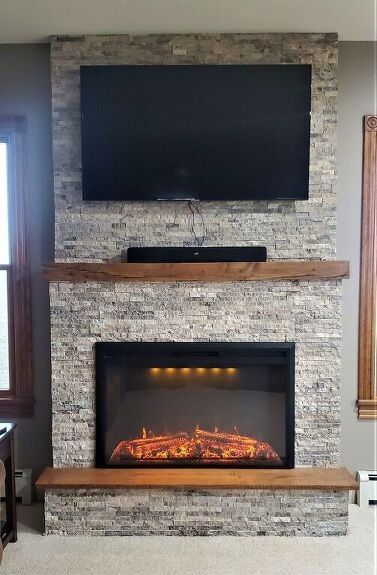 Fireplace Tv Wall Ideas, Update Fireplace, Diy Stone Fireplace, Faux Stone Fireplaces, Stone Electric Fireplace, Wood Joining, Fireplace Feature, Panels Bedroom, Tv Wall Ideas