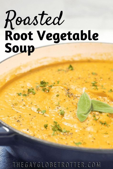 Root vegetable soup is packed full of roasted root vegetables simmered in vegetable stock. It's filled with ingredients like sweet potatoes, potatoes, red onions, carrots, and parsnips for the perfect winter soup! #gayglobetrotter #vegetablesoup #rootvegetablesoup #roastedrootvegetablesoup #rootvegetablesouprecipe #soup #souprecipe Root Vegetable Blend Recipes, Irish Root Vegetable Soup, Vegetable Soup Puree Recipe, Roasted Vegetable Broth, Roasted Fall Vegetable Soup, Fall Root Vegetable Soup, Recipes With Root Vegetables, Root Vegetable Recipes Soup, Roasted Vegetable Soup Pioneer Woman