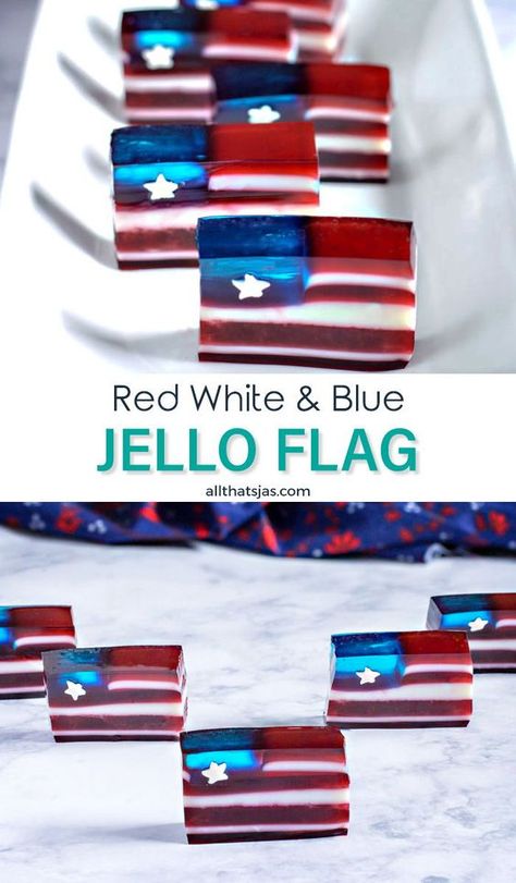 These red white and blue jello flags are show-stopping treats perfect for Fourth of July or any patriotic celebration. | allthatsjas.com | #jello #dessert #patriotic #redwhiteandblue #fourthofjuly #glutenfree #recipes #homemade #allthatsjas #holidays #layered #easy #blueberry #strawberry #redwhiteblue #lowcarb #healthy #american #flag #starspangledbanner #stripesandstars Flag Jello Mold Recipe, Magic Flag Jello Jigglers, Red White And Blue Side Dishes, Blue Jello Dessert, Flag Jello, Red White And Blue Jello, Fourth Of July Dessert, Jello Jigglers, Jello Dessert