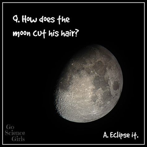 How does the moon cut his hair? Eclipse it! This and 41 more {hilarious} science jokes for kids Eclipse Jokes, Kids Jokes, Punny Jokes, Science Puns, Nerd Jokes, Moon Cut, Science Quotes, Cheesy Jokes, Funny Science