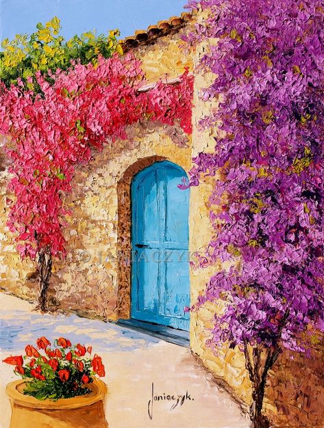 "The bougainvillea house" 27x35 cm oil on canvas painted with palette knives Jean-Marc Janiaczyk Painting Houses On Canvas, Bougainvillea House, Greece Painting, Oil Pastel Drawings Easy, Abstract Art Paintings Acrylics, Jean Marc, Easy Canvas Art, Oil Pastel Drawings, Soyut Sanat Tabloları