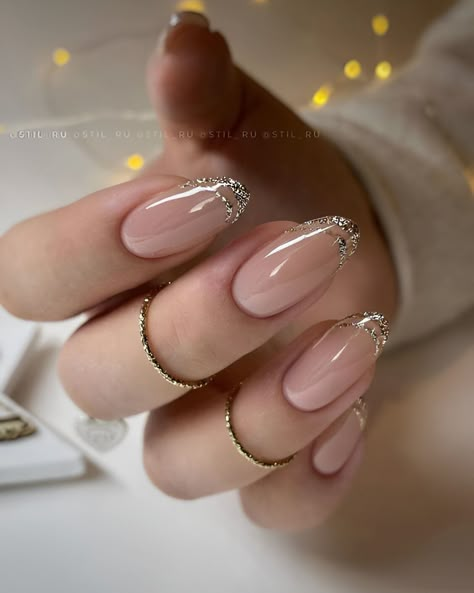 Gold French Nails Design, Extra Short Gel X Nails Almond, Quince Nails Short Almond, Almond Nails Designs Wedding Guest, Glitter Tips Almond Nails, Wedding Guest Nails Ideas Fall, Nude Holiday Nails Almond, Almond Nails With Silver, Almond Shaped Acrylic Nails Designs