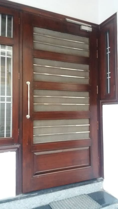 Wire Mesh Door Design Wooden, Net Door Design Wooden Modern, Front Grill Design, Jali Door Design, Lcd Wall Design, Jali Door, Lcd Wall, Flush Door Design, Windows Design