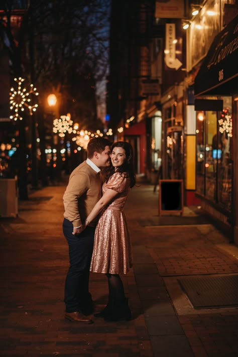 Winter Engagement Photos Christmas Lights, Night Time Family Photoshoot, Night Proposal Photography, Engagement Photos Nighttime, Christmas Light Engagement Photos, Downtown Winter Engagement Photos, Engagement Photos At Night, Christmas Lights Engagement Photos, Downtown Christmas Photo Shoot