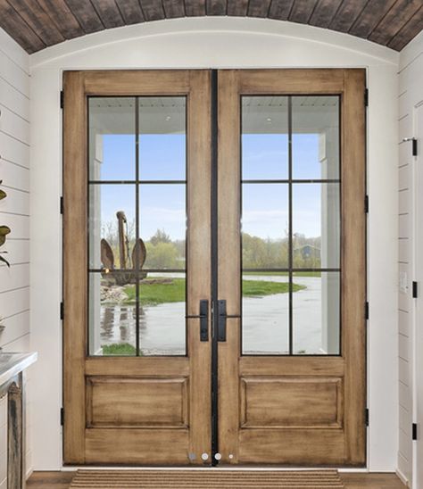 Rustic Exterior Doors Patio, Brown Wood Double Front Door, Exterior Farmhouse Doors, Modern Farmhouse Double Front Door, Front Door Ideas Double Doors, Back French Doors, French Door Front Door Entrance, Interior Doors Modern Farmhouse, Wood Double Front Doors