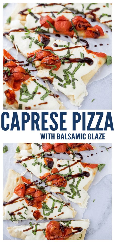 This margherita-style caprese pizza with melty mozzarella makes the perfect appetizer or quick dinner. Its crispy edges, sweet roasted tomatoes, and tangy balsamic reduction really take it to the next level. #flatbreadrecipe #pizzarecipe #pizzaidea #italianrecipe #capresepizza #margaritapizza #capreserecipe #appetizeridea Homemade Caprese Pizza, Caprese Pizza Recipe, Caprese Flatbread Pizza, Caprese Pizza With Balsamic Glaze, Margarita Flatbread Pizza, Fresh Mozzarella Recipes, Balsamic Pizza, Pizza With Fresh Mozzarella, Pizza Oven Recipes Wood Fired