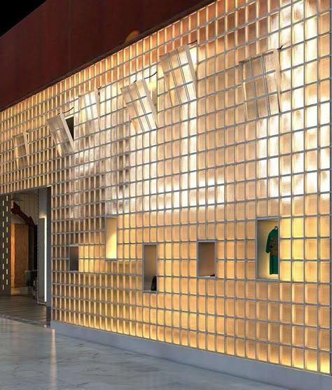 Glass Block Architecture, Glass Block Facade, Glass Brick Facade, Glass Bricks Ideas, Glass Blocks Ideas, Vinyl Bar, Cubes Architecture, Bakery Shop Interior, Glass Blocks Wall