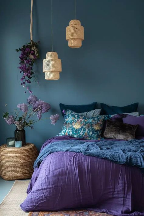 25 Chic Blue and Purple Bedroom Ideas for a Unique Sleep Space - Roomy Retreat Blue And Purple Bedroom Ideas, Purple Wall Bedroom, Purple Bedroom Aesthetic, Blue And Purple Bedroom, Purple Bedroom Walls, Purple Bedroom Ideas, Teal Bedroom Ideas, Lavender Bedroom, Purple Bedroom Decor