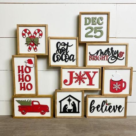 Small Square Christmas Signs, Christmas Shelf Sitters Wood Blocks, Christmas Mini Signs, Framed Christmas Signs, Square Christmas Signs, Small Christmas Signs, Xmas Signs, Christmas Shelf, Tiered Tray Signs