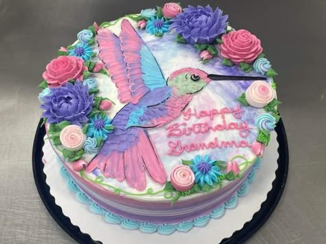 Cute Spring Cake Ideas, Hummingbird Decorated Cake, Spring Themed Cake, Spring Cake Ideas, Spring Cake Designs, Drawing Cake, Dq Cakes, Round Birthday Cakes, Cake Design Inspiration