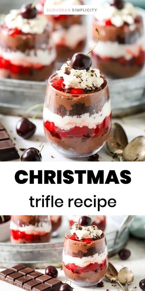 Holiday Dessert Trifles, Individual Trifle Desserts Cups Christmas, Christmas Chocolate Trifle, Mini Christmas Trifles, Xmas Trifle Recipes, Easy Christmas Trifle Desserts, Christmas Dessert Chocolate, Christmas Trifle Recipes Easy, Christmas Pudding Cups