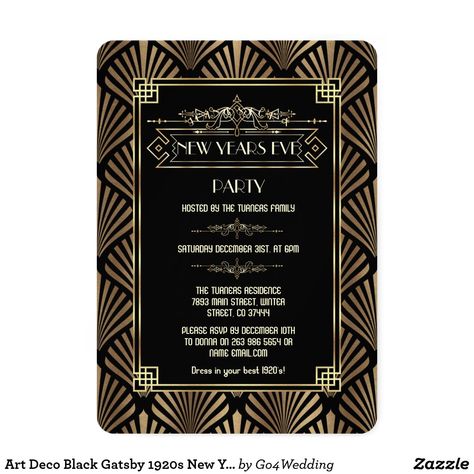 Art Deco Black Gatsby 1920s New Year's Eve Party Invitation Wedding Gatsby, Wedding Fan, Gatsby Art, 1920s Wedding, Party Names, Monogram Wedding Invitations, New Year's Eve Celebrations, Cheap Wedding Invitations, Wedding Fans