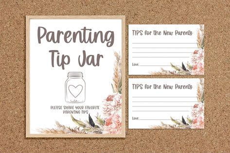 Baby Shower Bloom Theme, Parenting Tip Jar, Advice For Parents To Be, Advice For Mommy To Be, Boho Baby Shower Games, Parent Advice Cards, Advice For New Parents, Baby Shower Advice Cards, Advice For Parents