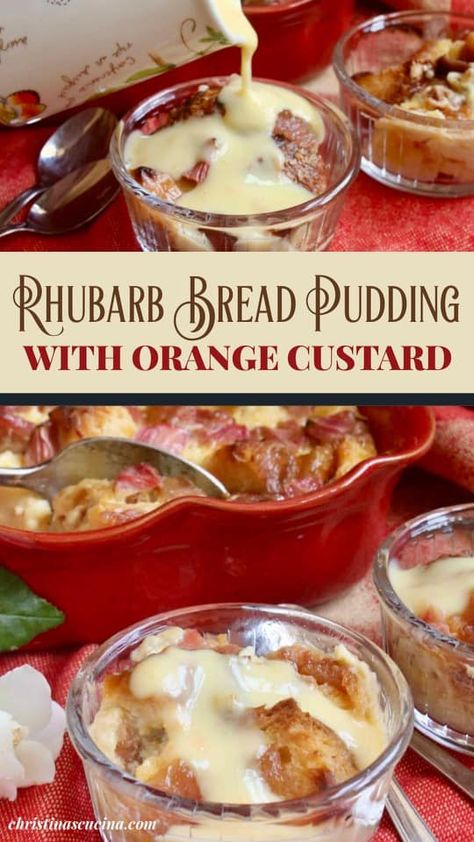 Rhubarb bread pudding with orange custard is a tried and true recipe that is incredibly tasty and not too sweet. Rhubarb Pudding Cake Recipe, Kitchen Crafty Fun Recipes, Rhubarb Bread Pudding Recipe, Fruit Bread Pudding Recipe, Rhubarb Sticky Pudding, Rhubarb And Custard Recipes, Bread Pudding With Custard, Custard Bread Pudding Recipe, Rhubarb Bread Recipe