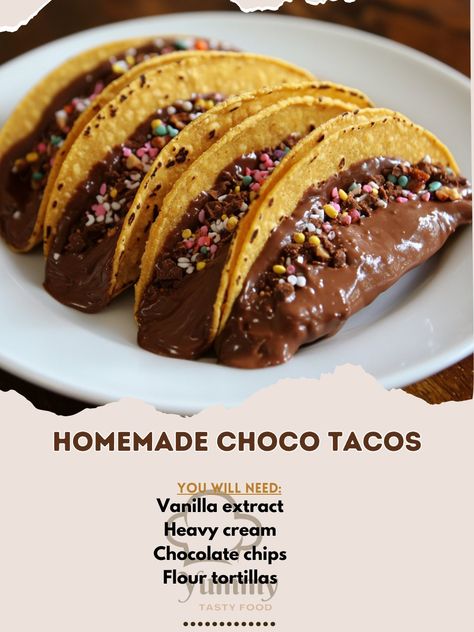 🍫🌮 Treat yourself to Homemade Choco Tacos—crispy taco shells filled with creamy chocolate goodness, perfect for any dessert lover! 🌮🍫 #ChocoTacos #DessertDelight Homemade Choco Tacos Ingredients: Flour tortillas (8 small) Chocolate chips (1 cup) Heavy cream (1/2 cup) Vanilla extract (1 tsp) Sprinkles or crushed nuts (for garnish) Instructions: Heat heavy cream until simmering. Pour over chocolate chips, let sit for 2 minutes, then stir until smooth. Dip tortillas in melted chocolate and m... Homemade Taco Shells, Dessert Tacos, Choco Taco, Crispy Taco Shells, Dessert Taco, Crispy Tacos, Taco Ingredients, Taco Shells, Twisted Recipes