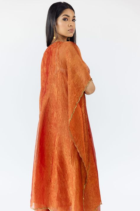 Buy Orange Tissue Silk Embroidered V Neck Crushed Kaftan And Pant Set For Women by Mimamsaa Online at Aza Fashions. Orange Kaftan, Kaftan Kurta, Dresses Indian, How To Hem Pants, Embroidered Neckline, Under Dress, Designer Dresses Indian, Pant Set, Embroidered Silk