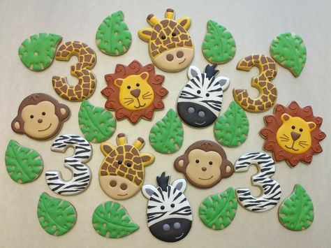 Jungle animal cookies by Dorothy Donn Safari Birthday Party Cookies, Wild Animals Cookies, Zoo Theme Cookies, Jungle Birthday Cookies, Safari Themed Cookies, Zoo Animal Cookies Decorated, Jungle Cookies Safari Party, Young Wild And Three Birthday Cookies, Safari Cookies Jungle Theme