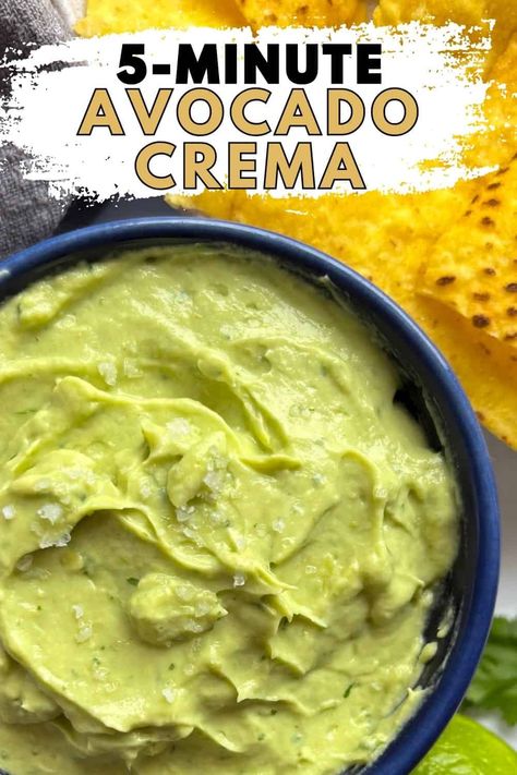 Avocado Lime Crema Avocado Crema Recipe, Avocado Lime Crema, Creamy Jalapeno Sauce, Sour Cream Substitute, Crema Recipe, Lime Crema, Creamy Jalapeno, Avocado Creme, Jalapeno Sauce