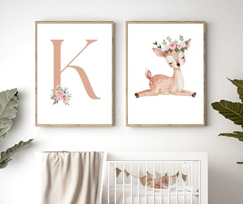 Bambi Flowers & Initial Name Set | Baby Girl Nursery Printable Decor |Playroom Wall Decor | Art Printable Instant Download Watercolor Elements, Playroom Wall Decor, Initial Name, Baby Girl Nursery, Playroom Wall, Nursery Printables, Printable Decor, Initial Letter, Printing Center