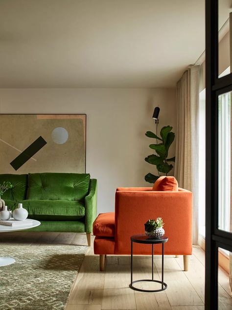 Orange Velvet Chair Living Room, Orange Armchair Living Room, What Colors Go With Orange, Colourful Living Room Ideas, Velvet Chairs Living Room, Sofa Two Seater, Orange Armchair, Green Couch Living Room, Armchairs Living Room