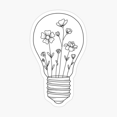 Get my art printed on awesome products. Support me at Redbubble #RBandME: https://www.redbubble.com/i/sticker/Copy-of-Light-Bulb-with-Yellow-Flowers-by-jamiemaher15/49203389.EJUG5?asc=u Light Bulb With Flowers, Lightbulb Tattoo, Light Bulb Drawing, Mason Jar Stickers, Light Bulb Art, Jar Stickers, Black And White Stickers, Flower Drawing Design, Flower Pattern Design