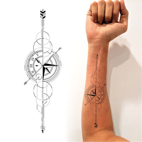 Geometric Compass Tattoo, Arrow Compass Tattoo, Geometric Compass, Compass Tattoo Men, Geometric Arrow Tattoo, Small Wave Tattoo, Arrow Tattoo Design, Band Tattoos, Geometric Arrow