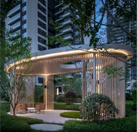 Modern Shelter Design, Gazebo Landscape, Floating Pavilion, Campus Landscape Design, Round Gazebo, Park Pavilion, Shelter Design, Entrance Gates Design, Cool Tree Houses